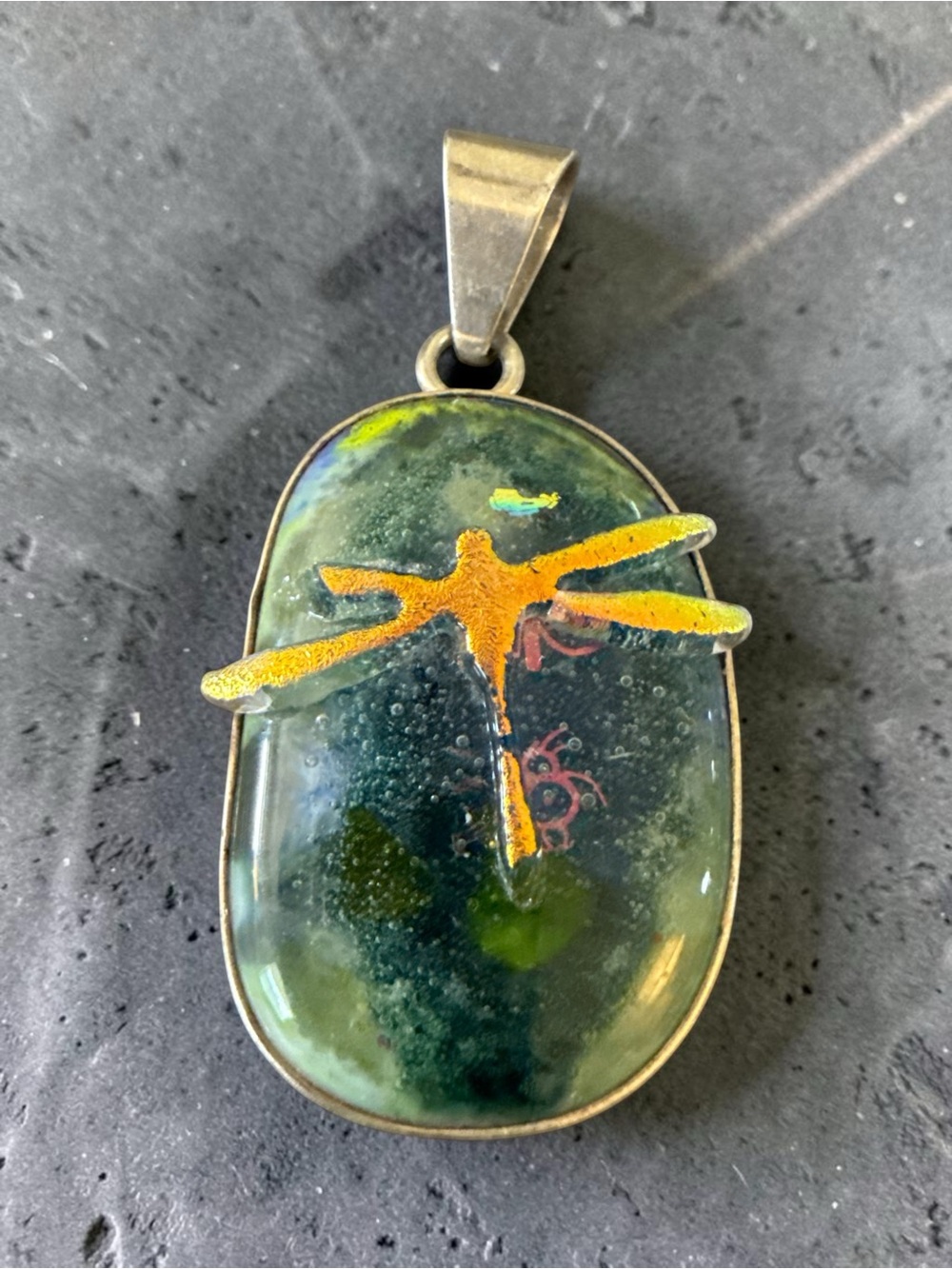 Large 925 Sterling Silver Dragonfly Art Glass Pendant Handmade Artisan Style